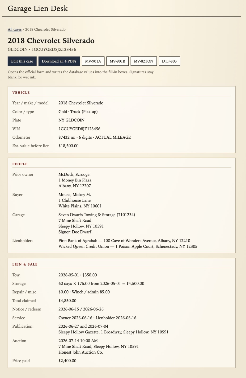Case detail with Download all 4 PDFs and MV-901A, MV-901B, MV-82TON, DTF-803