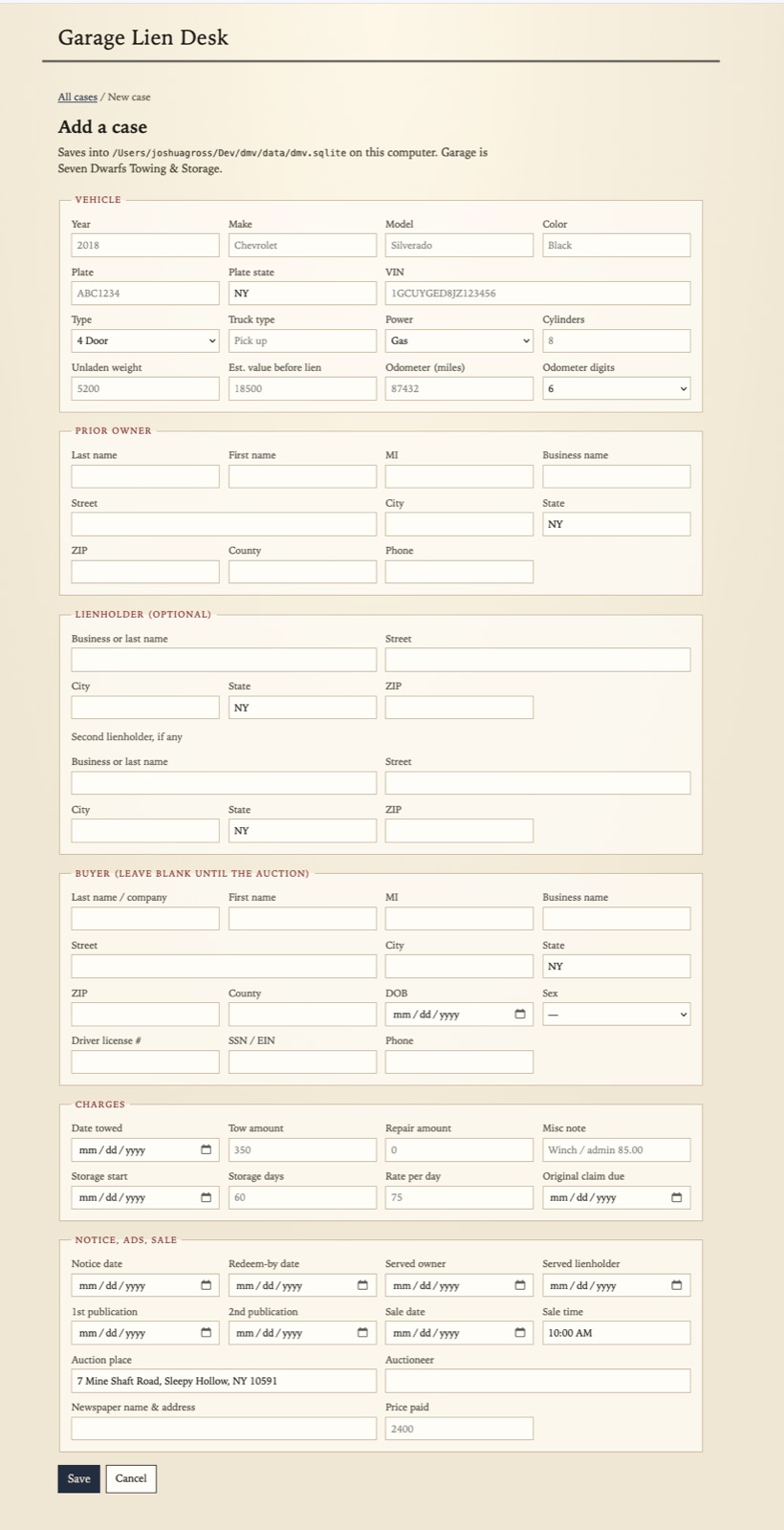 Add-a-case form: vehicle, parties, charges, notice and sale