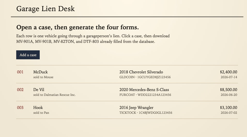 Garage Lien Desk docket with three sample cases